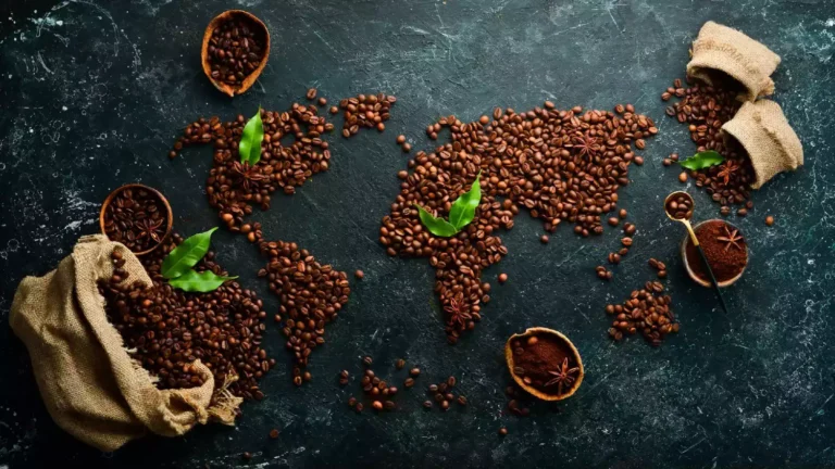 Mappa del mondo composta da chicci di caffè per parlare della storia del caffè