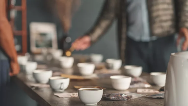 Tavola con molte tazze di caffè per una degustazione con cupping