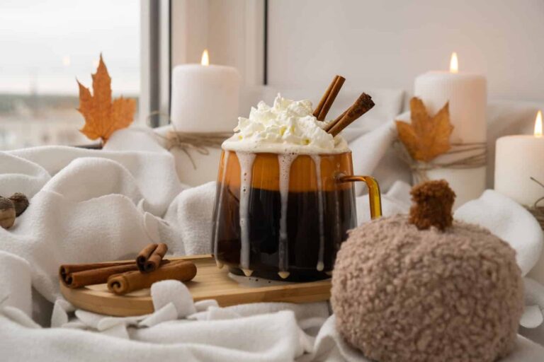 Set con candele e caffè speziato alla cannella con tanto di panna e addobbi festivi