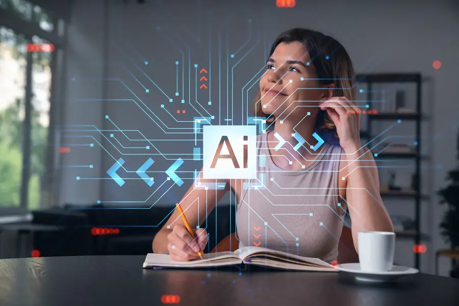 Ragazza con caffè con un lodo di intelligenza artificale sovrapposto